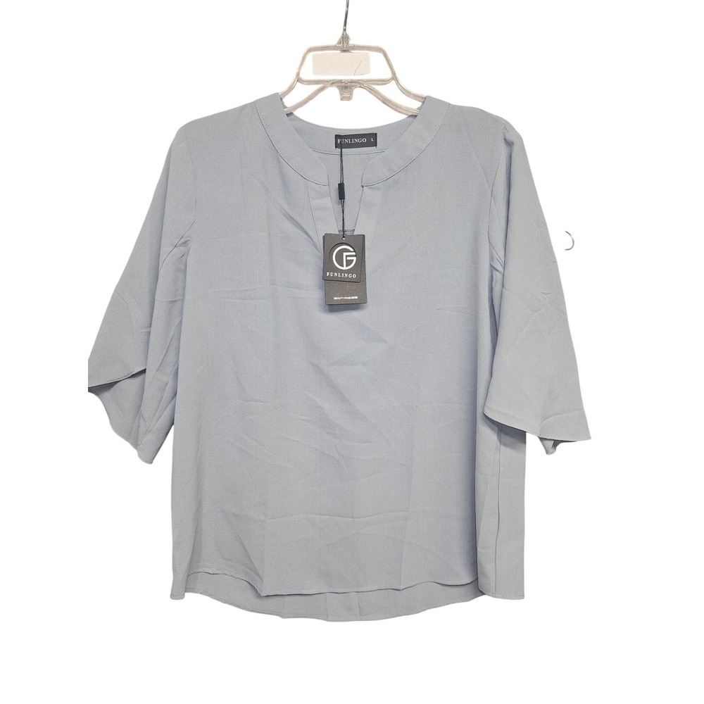 FUNLINGO Womens Light Blue Split Neck 3/4 Bell Sleeve Blouse Top Size Large NWT